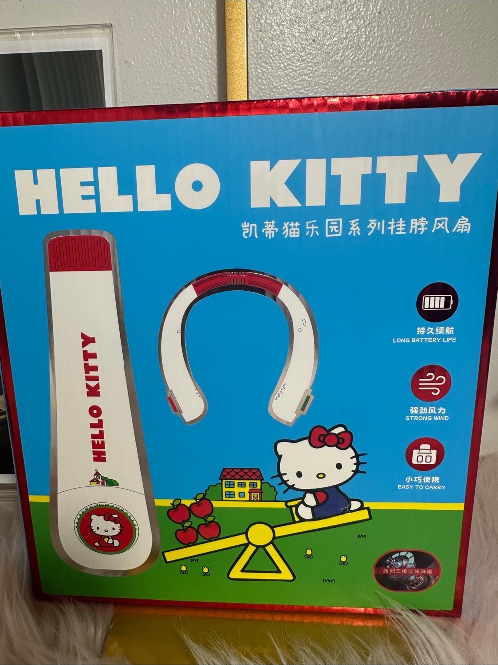 Hello Kitty Wearable Neck Fan in White and Red with Blue Box Art